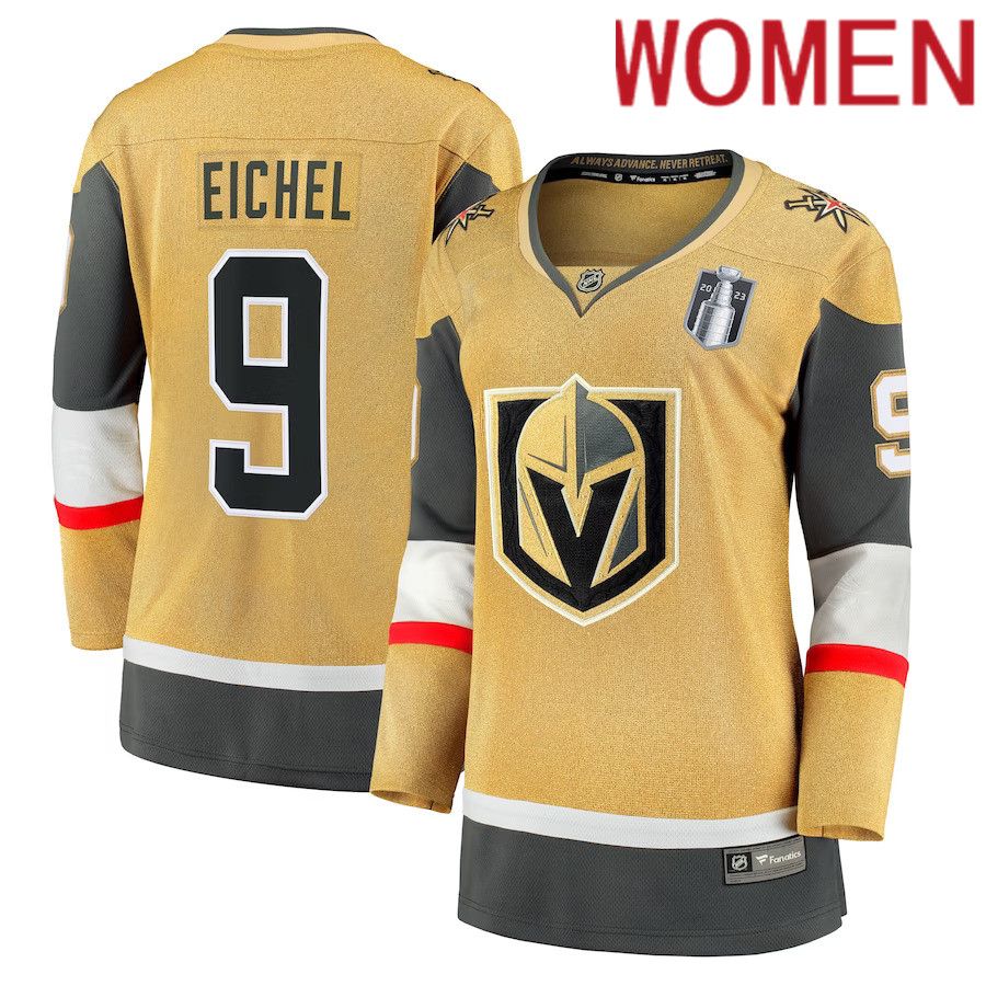 Women Vegas Golden Knights #9 Jack Eichel Fanatics Branded Gold 2023 Stanley Cup Final Home Breakaway Player NHL Jersey->women nhl jersey->Women Jersey